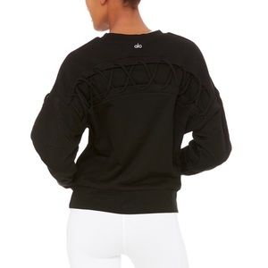 ALO YOGA Lattice Lace Up Pullover Sweatshirt in Black